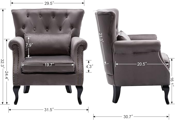 Janoray Mid Century Modern Accent Chair Upholstered Armchair Comfy Velvet Fabric Single Sofa with Tufted Wingback for Small Spaces Bedroom Living Room, Grey