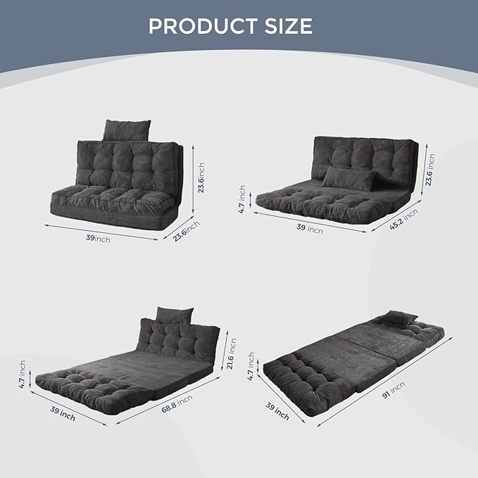 MAXYOYO Bean Bag Bed Tufted Folding Sofa With Pillows, Extra Thick and Long Floor Mattress for Adults, Twin Couch Bed for Bedroom Living Room, Dark Grey, 39x91 Inch
