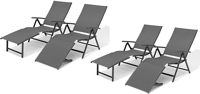 VredHom 4PCS Patio Chaise Lounge Outdoor Folding Adjustable Lounge Chair Recliner with 8 Adjustable Backrest Positions for Pool Beach Yard, Textliene and Brown Aluminum Frame