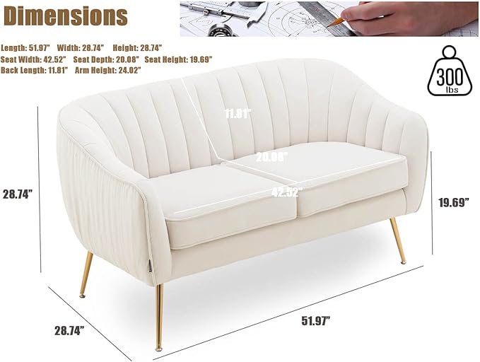Altrobene Velvet Couch Sofa Chairs for Two People, Modern Loveseat for Living Rooms, Bedrooms, Small Spaces, Golden Finished, Beige