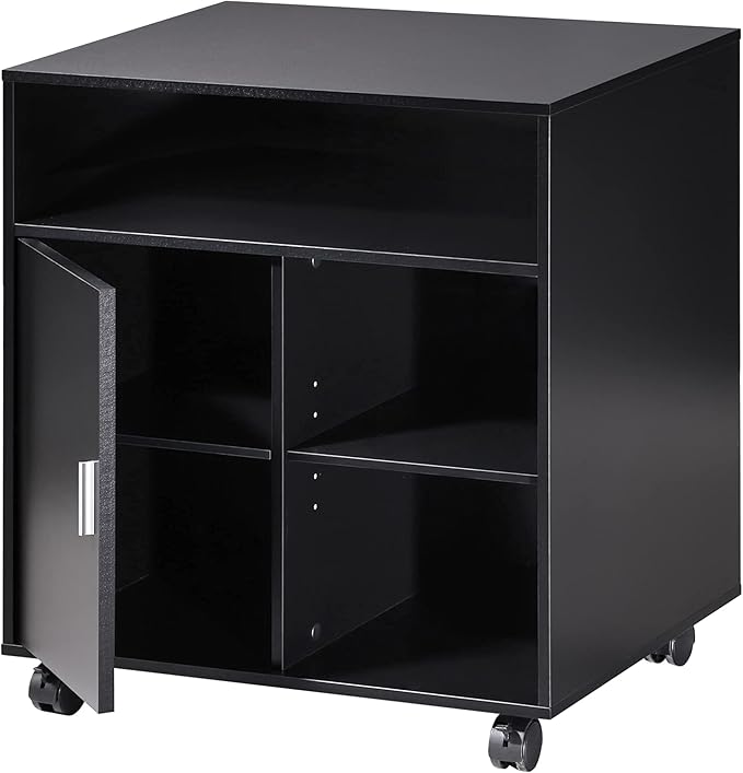 FITUEYES Printer Stand with Storage Adjustable Shelves, Wood Mobile Cart with Door, Rolling File Cabinet on Wheels for Home Office, Black, PS406001WB