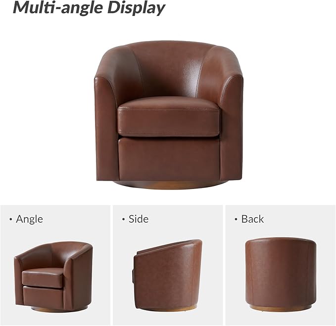 HULALA HOME Genuine Leather Swivel Accent Chair with Solid Wood Base, Round Swivel Barrel Chair for Living Room and Bedroom, Brown