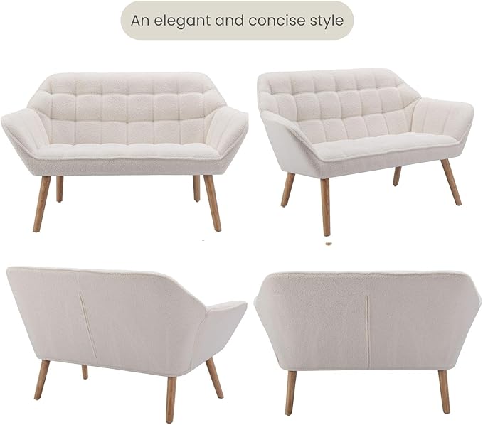 48" White Small Loveseat Sofa, Comfy Faux Fur 2-Seat Love Seat with Wood Legs, Modern Tufted Wingback Upholstered Sofa Couch for Small Space Living Room Bedroom Apartment
