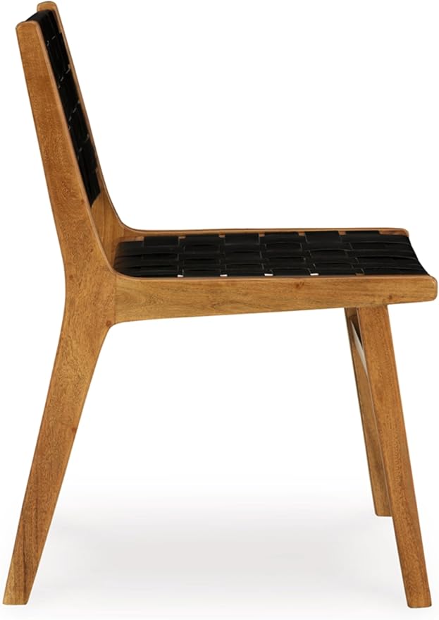 Signature Design by Ashley Fortmaine Modern Upholstered Armless Dining Chair with Open Back and Woven Leather Straps, Set of 2, Light Brown & Black