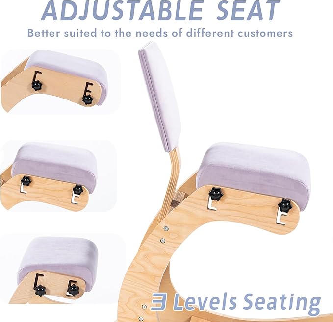 VDNEND Ergonomic Kneeling Chair with Back Support,Wooden Kneeling Chair Desk for Work, Rocking Office Kneel Chairs for Relieve Back Pain, Kneeling Posture Chairs for Gaming,Home (Light Purple)