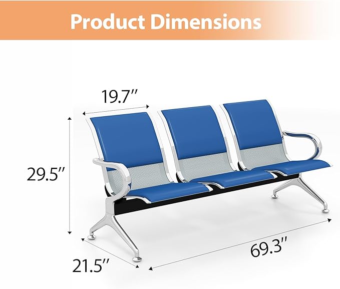 Kinfant Blue 9-Seat Waiting Room Chairs with Arms – Heavy-Duty Steel Frame PU Leather Back & Cushioned Seat, Ergonomic Office Reception Guest Chair for Lobby, Clinic, Airport