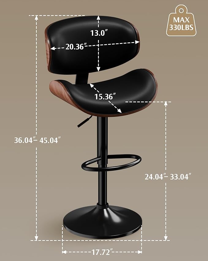 Aowos Bar Stools Set of 2, Adjustable Swivel Leather Bar Stools for Kitchen Island, Mid Century Modern Counter Height Bar Chairs Barstools with Back & Footrest (Black)