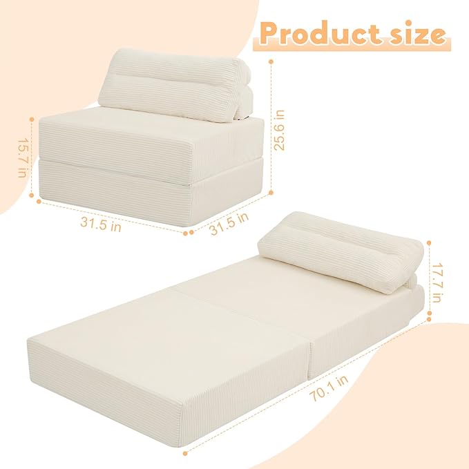 MeMoreCool Folding Sofa Bed – Convertible Sleeper Chair with Pillow, Beige, 31.5″ × 70.1″ Shredded Foam Lounge Chair for Living Room, Bedroom, Small Spaces | Headrest & Lumbar Support, Corded Fabric