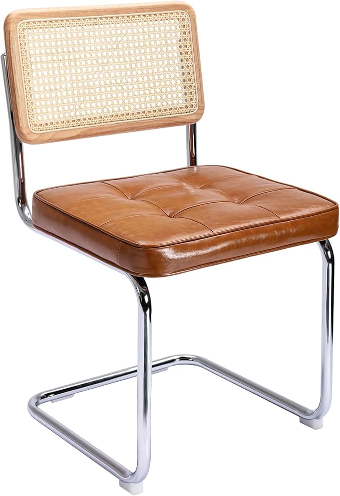 Zesthouse Natural Rattan Dining Chairs Set of 4, Modern Dining Room Chairs with Solid Wood Back for Kitchen Living Room, Mid Century Breuer Design Inspired, Upholstered Faux Leather Brown