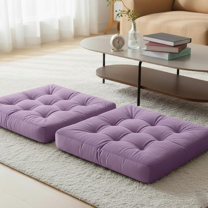 Velvet Floor Pillow Set of 2, Square Large Pillows Seating for Adults, Tufted Cushions for Meditation, Yoga, Tatami, Living Room, Chair, Machine-Washable & Dryer-Safe, Lavender, 22x22 Inch