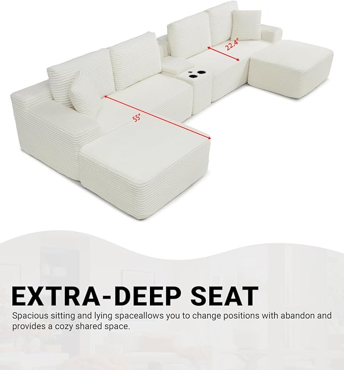 150" Oversized Modular Sectional Sofa, Deep Seat Cloud L-Shape Corduroy Couch with Cup Holders, USB Ports, Wireless Charging & Storage Box, Upholstered Modular Sleeper Sofa for Living Room (Beige)