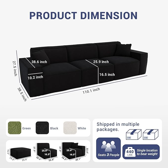 110" Cloud Sectional Couch, Chenille Boneless Couch 3 Seater with Deep Seats & Wide Armrests, Comfy Modular Sectional Sofa Memory Foam Compression Floor Sofa for Living Room, No Assembly Required