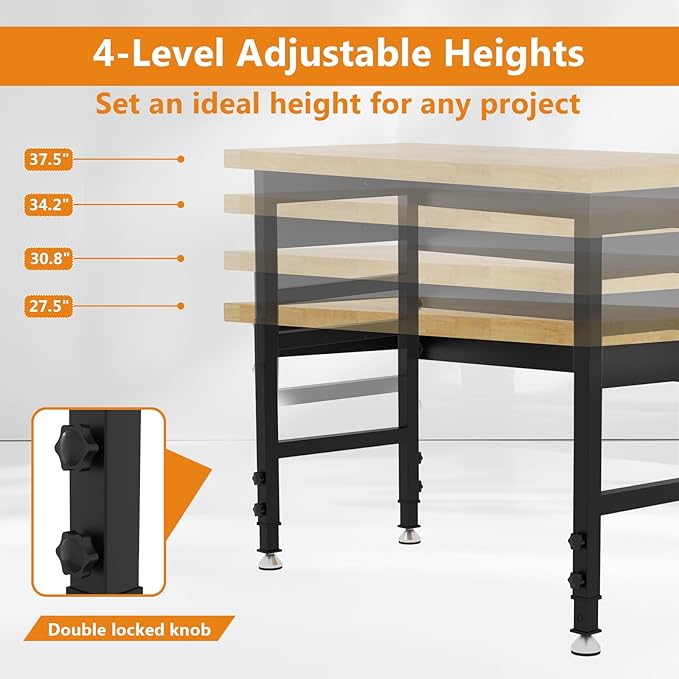 48" Heavy Duty Work Bench, Adjustable Height Workbench, 2000 LBS Load Capacity Work Table for Garage, Workshop, Office, Home