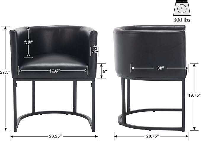 VESCASA Faux Leather Upholstered Dining Chairs with Barrel Back, Modern Padded Restaurant Chairs with Black Metal Frame for Kitchen, Dining Room, Set of 3, Black