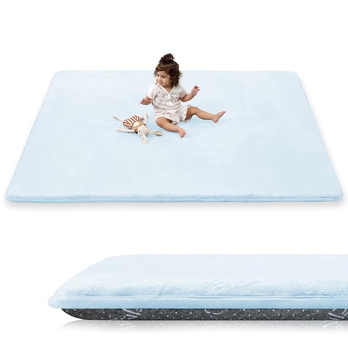 PaPaMat 1.5" Thick Baby Play Mat for Floor, 59x79 Playpen Mat, Pro Soft Flannel Foam Mats Toddler Infant Kids Crawling for Nursery Rug Playroom Living Room Waterproof Easy Care Non-Slip (Baby Blue)