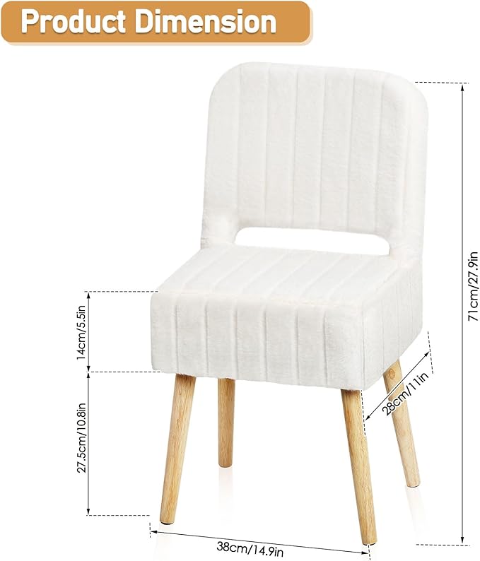 Shinoske Vanity Stool with Storage,White Faux Rabbit Fur Small Makeup Chair for Vanity,Storage Ottoman with Folding Back,Modern Footstool with 4 Solid Wood Legs for Bedroom,Living Room,Home Office