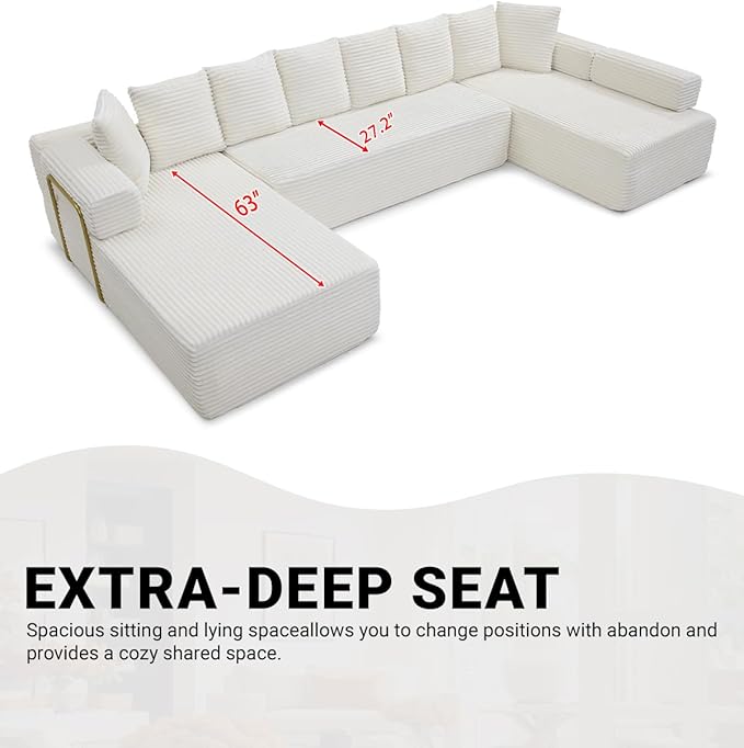 145" Oversized Cloud Boneless Sectional Sofa with Chaise, Corduroy U Shaped Modular Couch with Deep Seat, Fixed Frame Comfy Corner Sofa, No Assembly Required (Beige)