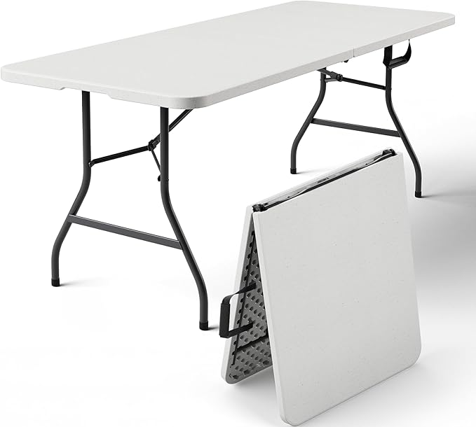 FurniEdge 6ft Folding Table with Handle, Heavy Duty Plastic Table, 300 lbs Portable Table, Reinforced Steel Legs, High Density Plastic, Ideal for Parties, Picnics, Weddings, Camping