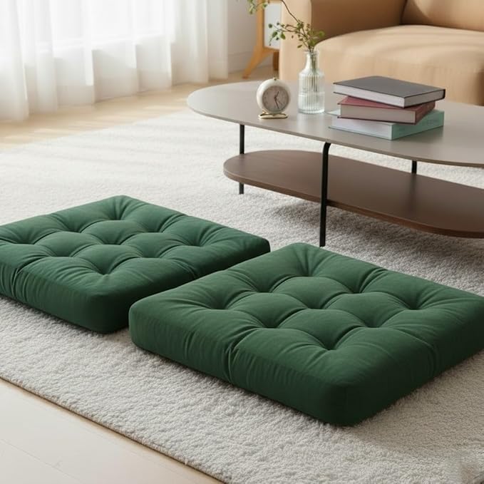 Velvet Floor Pillow Set of 2, Square Large Pillows Seating for Adults, Green Tufted Cushions for Meditation, Yoga Tatami Living Room Chair, Machine-Washable & Dryer-Safe, Green, 22x22 Inch