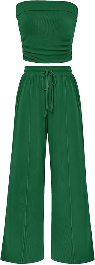PRETTYGARDEN Womens Summer Outfits 2 Piece Sets Casual Ribbed Knit Crop Tube Top Wide Leg Pants Spring Matching Lounge Set