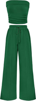 PRETTYGARDEN Womens Summer Outfits 2 Piece Sets Casual Ribbed Knit Crop Tube Top Wide Leg Pants Spring Matching Lounge Set