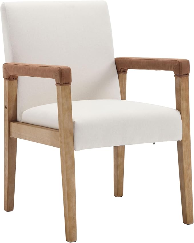 DM Furniture Mid Century Modern Dining Chairs Set of 2 Linen Fabric Upholstered Accent Chairs Comfy Kitchen Chairs with Solid Wood Frame Armchair for Living Room, Ivory