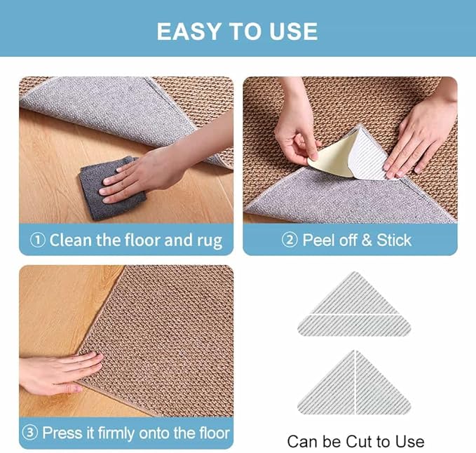 Rug Gripper Non Slip - Self Adhesive Rug Pads Grippers for Hardwood Floors and Tiles, Reusable Carpet Tape for Area Rugs, Cuttable Rug Stickers Keep Corners Flat (12x12cm)