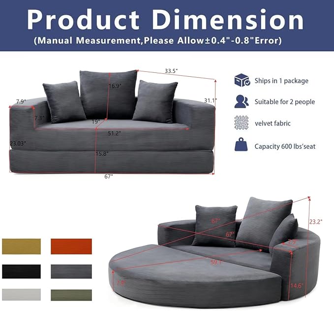 67" Round Convertible Folding Sofa Bed, Boneless Couch Loveseat, Floor Sleeper Chaise Lounge for Living Room, Apartment, Dorm, Small Spaces, Gray