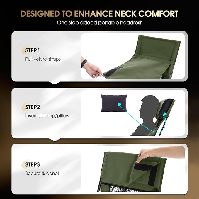 MOON LENCE Oversized High Back Camping Chair for Adults, Height Adjustable Folding Camping Chair with 400 lbs Capacity, Hidden Pillow Pocket and Wide Seat for Camping, Hiking, Picnics, Green