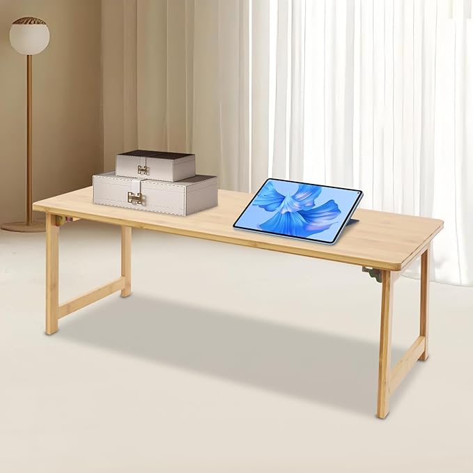 Eapmic Japanese Floor Table, Foldable Coffee Table, Low Sitting Dining Table, Tatami Tea Desk, Portable No Assembly Floor Desk for Living Room Bedroom Apartment Office Study (Burlywood)