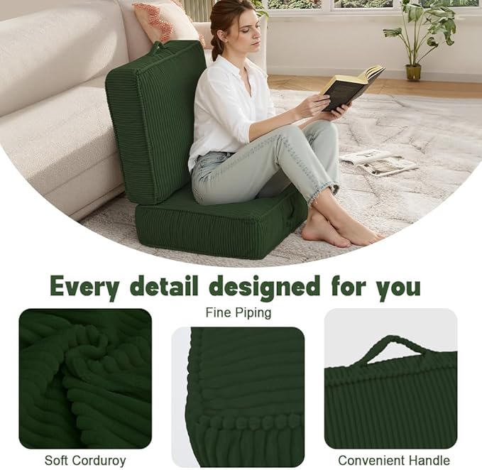 PRIMEPATIO Floor Pillow for Adults, 8" Square Floor Cushions with Washable Cover, Large Corduroy Meditation Pillow, 22 inches Tatami Seat with Handle for Living Room or Yoga, Green