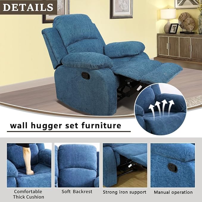 AYCP Microfiber Living Room Furniture Set Reclining Sofa Set Loveseat Furniture Sets in Living Room Sofa Recliners (Chair, Blue Microfiber)