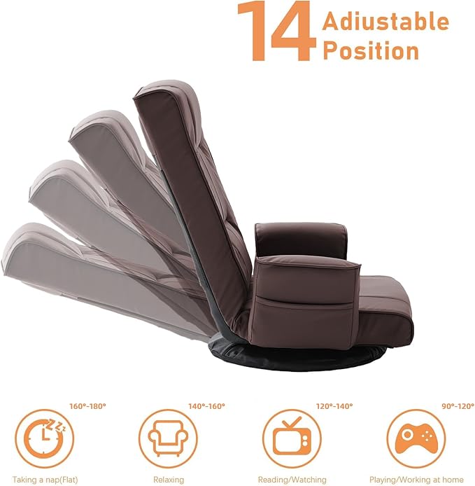 FLOGUOR 360° Swivel Gaming Floor Chair with Armrests – 14-Position Adjustable Folding Floor Sofa Lounger, Padded Backrest, Multi-Angle Recline for Home, Living Room & Office (Brown)