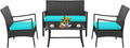 Tangkula 4 Pieces Rattan Conversation Set, Patio Sofa Couch Set with Tempered Glass Coffee Table, Seat Cushions, Outdoor Wicker Loveseat Set for Poolside, Courtyard, Balcony (1, Turquoise)