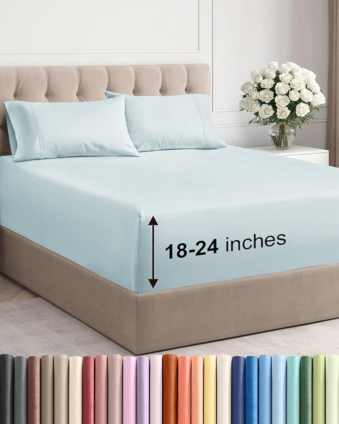 Extra Deep Pocket Cal King Sheets - 4 Piece Breathable & Cooling Bed Sheets - Hotel Luxury Bed Sheet Set - Soft, Wrinkle Free & Comfy - Easily Fits Extra Deep Mattresses - Deep Pocket Ice Blue Sheets