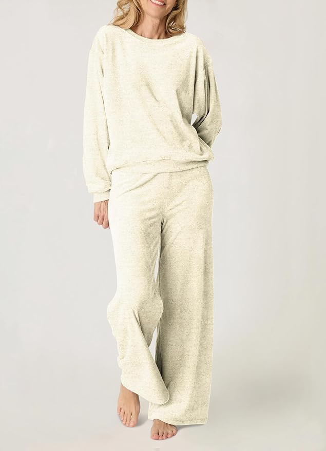Aamikast Women's 2-Piece Lounge Set Soft Brushed Jersey Sleepwear Pajamas Set Long Sleeve Top & Wide Leg Pants