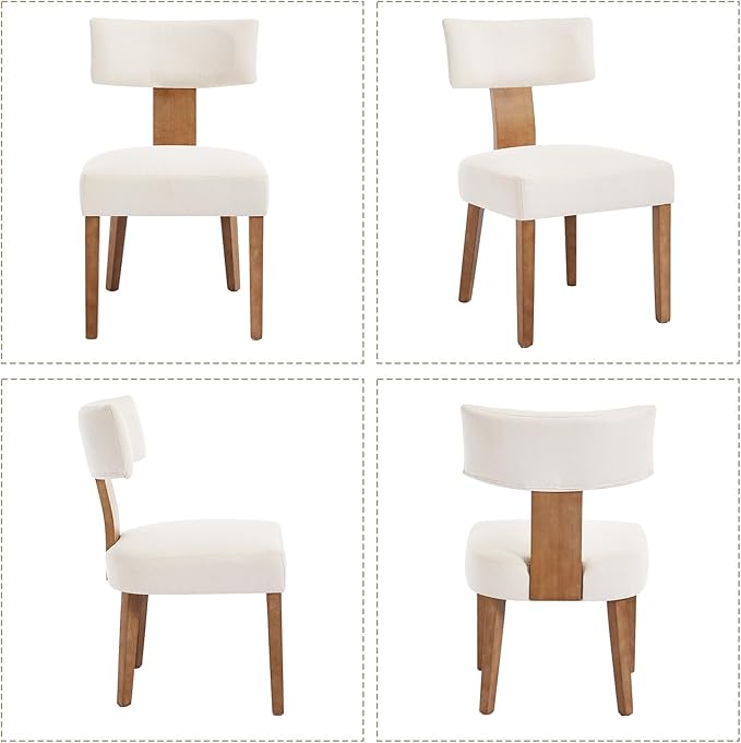 KHISCHMO Mid Century Modern Dining Chairs, Upholstered Linen Fabric Chairs with Curved Backrest and Wood Legs, Comfy Kitchen Vanity Chair for Dining Room/Living Room/Kitchen, Set of 2 Beige