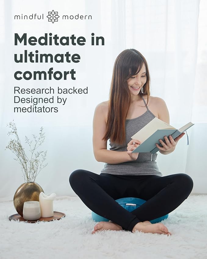 Mindful Modern Velvet Meditation Cushion | Luxe Zafu Yoga Floor Pillow Seat | Posture Support | Buckwheat Hull Filled | Large Round Cushion with Removable Washable Cover + Carry Handle
