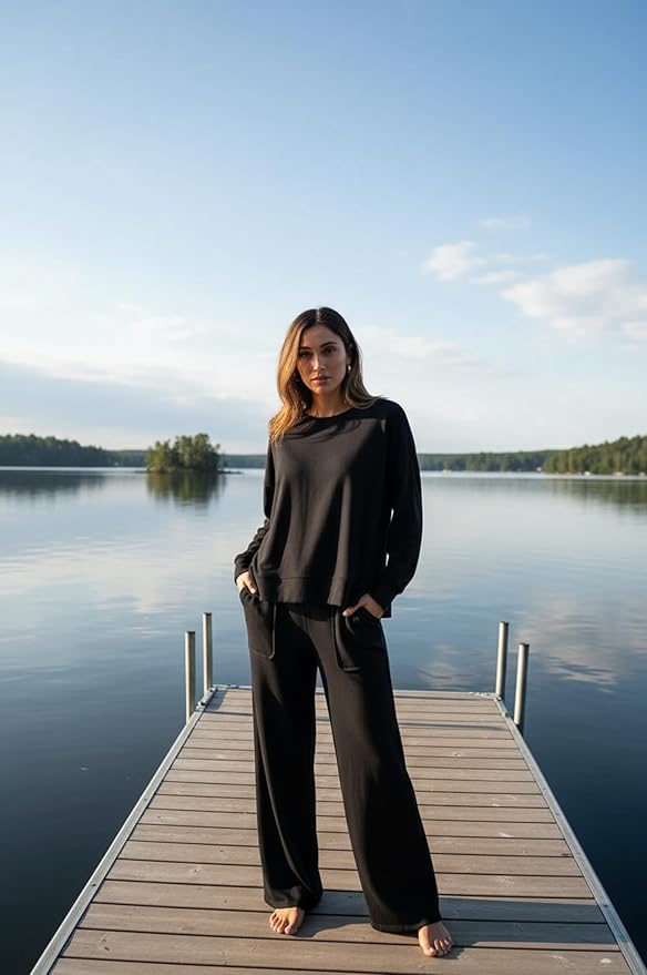 ETCYY NEW Lounge Sets for Women 2 Piece Outfits with Side Split Sweatshirt Tops and Wide Leg Sweatpants