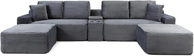 150" Oversized Modular Sectional Sofa, Deep Seat Cloud L-Shape Corduroy Couch with Cup Holders, USB Ports, Wireless Charging & Storage Box, Upholstered Modular Sleeper Sofa for Living Room (Grey)