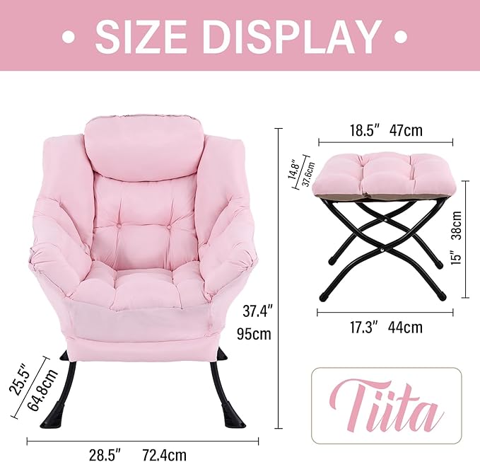 Tiita Lazy Chair with Ottoman, Pink Chair Modern Large Accent Lounge Armchair, Comfy Leisure Sofa Reading Chair with Footrest for Bedroom, Living Room, Dorm Rooms, Garden and Courtyard, Pink