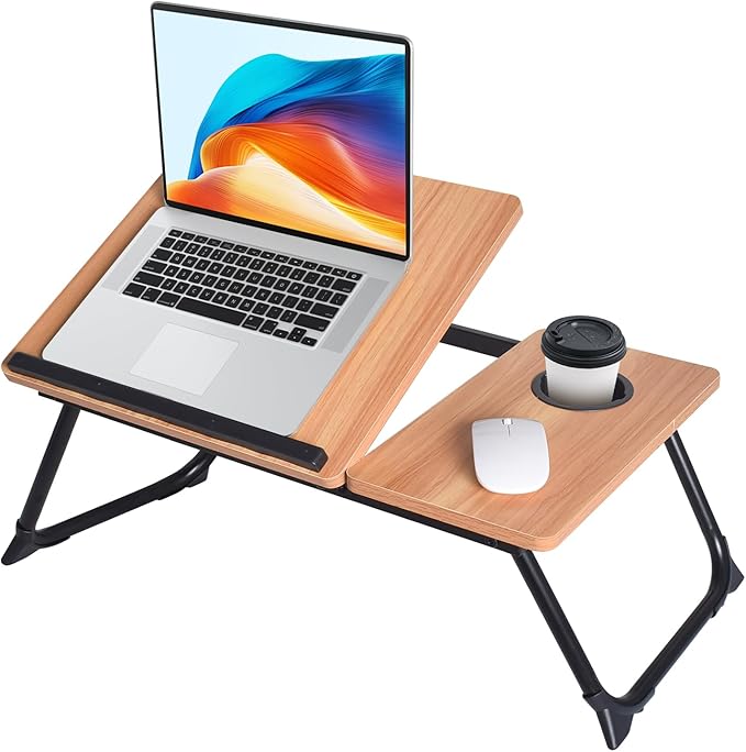 Adjustable Wooden Lap Desk with Flexible Stand, Natural Oak Color, Portable Workstation with Cable Management, Ergonomic Design for Home Office (Wood)