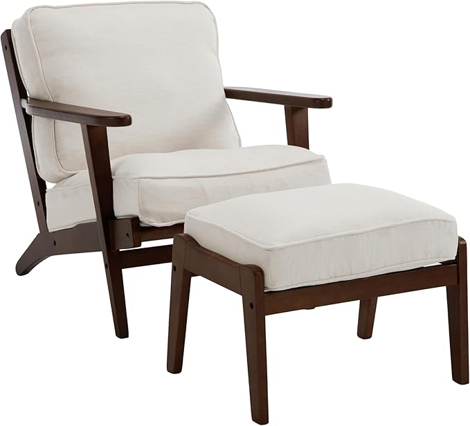 chairus Mid-Century Modern Accent Chair with Ottoman Linen Fabric Upholstered Living Room Chair for Bedroom Reading Room Lounge with Arm & Solid Wood Frame, Fabric Beige