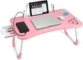 Slendor Lap Desk with Tablet Slot, Foldable Laptop Table with Storage Drawer for Bed，Portable Bed Desk for Laptop, Computer Tray with Cup Holder Notebook Stand Reading Holder for Couch Floor, Pink