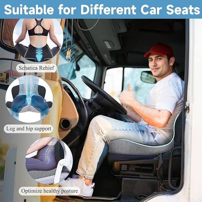Casimer Ergonomic Seat Cushion for Truck Drivers, Office Chairs, Car Seats Memory Foam Chair Pad for Back Pain, Non-Slip, Long Sitting Support, Car Seat, Desk Chair Use (Gray)