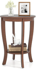 GOFLAME 2-Tier Round End Table, 18” Sofa Side Table with Storage Shelf, Floor Tea Table with Solid Wood Legs, Compact Nightstand for Small Space, Living Room, Bedroom, Walnut