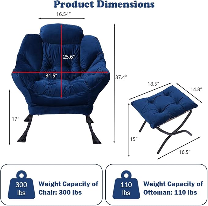 Modern Lazy Chair with Ottoman, Comfortable Lounge Chair for Bedroom, Chair and Ottoman Set, Lounge Accent Chair with Footrest for Bedroom, Garden and Courtyard