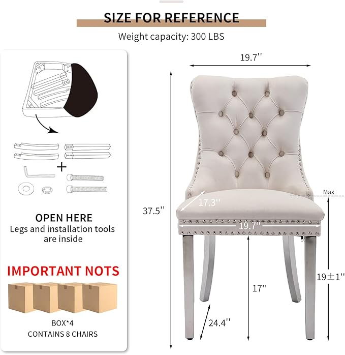 YeahFurn Mid Century Modern Dining Chairs Set of 8, Beige Velvet Upholstered Tufted Back, Kitchen & Dining Room Chairs, Brushed Silver Metal Legs, Nailhead Trim, Sillas para Comedor (Beige, 8 Pcs)