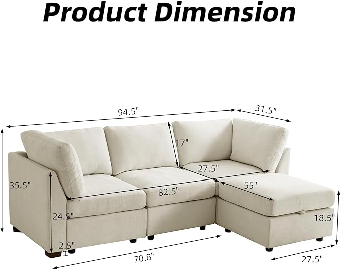 EDILLY 94 inches Oversized Modular Sectional Fabric Cloud Sofa Set, Extra Large L Shaped Couch Reversible Chaise Couch,3 Seat Modular Sofa with Storage Ottoman, Beige