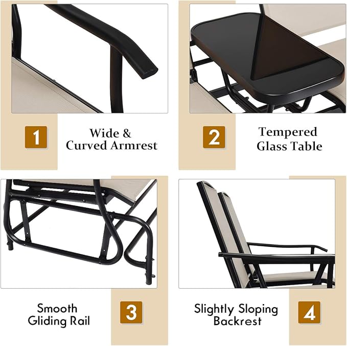 Giantex Patio Bench Glider Chair with Metal Frame, Center Tempered Glass Table, Outside Double Rocking Swing Loveseat for Porch, Garden, Poolside, Balcony, Lawn Rocker Outdoor Glider Bench(Beige)